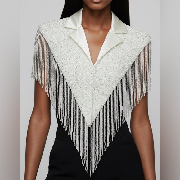 Jackets & Blazers - White Blazer Cape with Beaded Fringe
